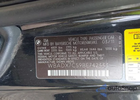 2011 BMW 335I from USA, damaged, VIN WBADX7C59BE742333
